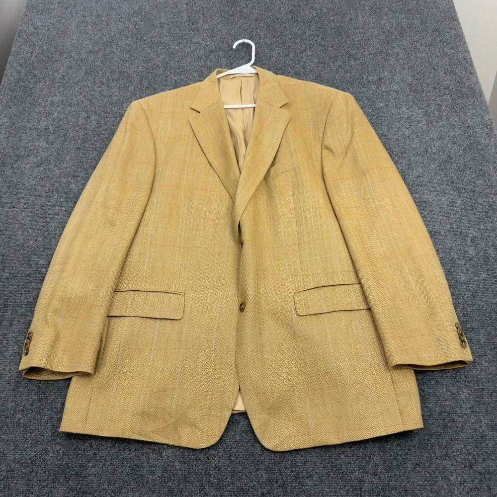 Joseph Abboud Blazer Mens 48R Tan Silk Wool Linen Herringbone Plaid Classic